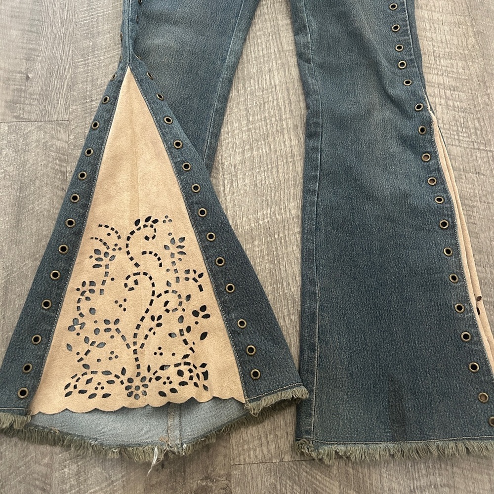 Younique Blue and Tan Flare Jeans